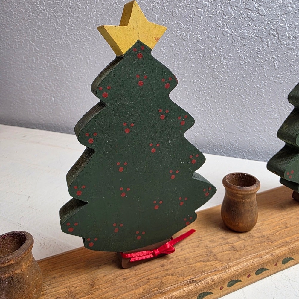 Vintage Wooden Christmas Trees Candlestick Holder Vintage Farmhouse Holiday - Picture 3 of 8